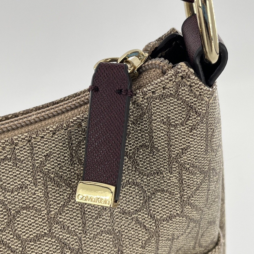 Rare Calvin Klein Signature Allover Monogram Taupe Crossbody Maroon Strap Gold - Picture 6 of 16